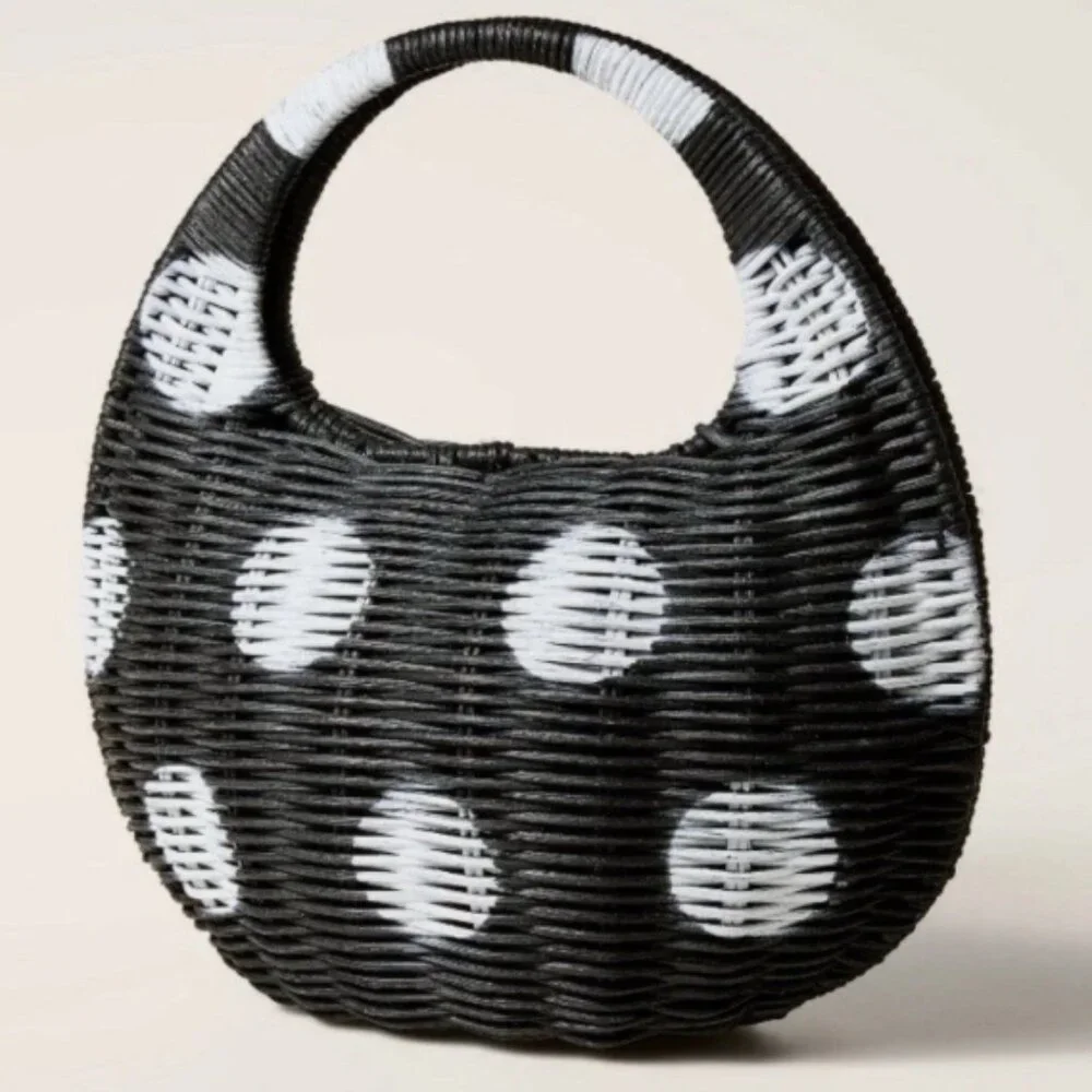 NWT Black and White Kate Spade Polka Dot Wicker Handbag - Picture 3 of 4